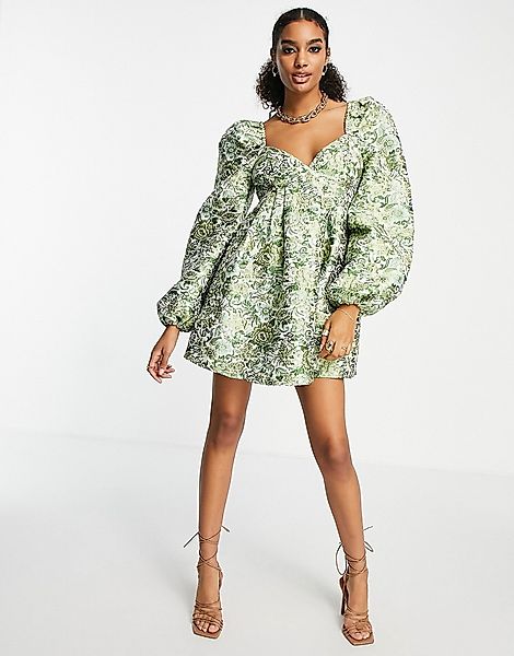 ASOS EDITION – Minikleid im Empire-Stil aus geblümtem Jacquard in Grün günstig online kaufen