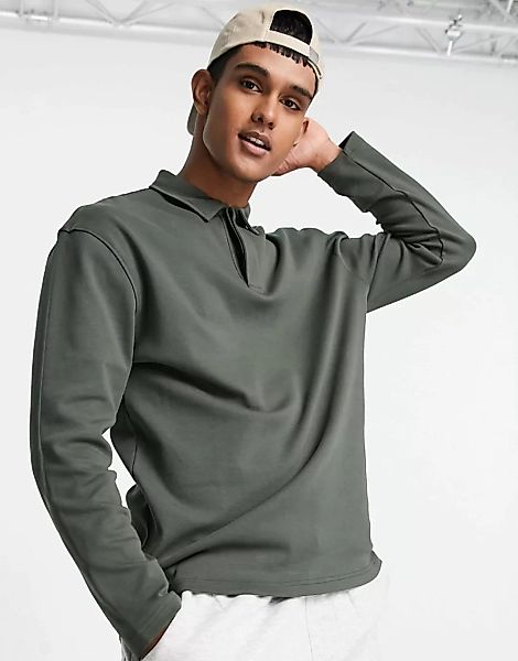 Topman – Langärmliges Polohemd aus Jersey in Khaki-Grün günstig online kaufen