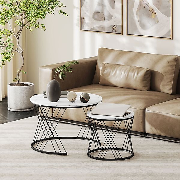 HOMCOM Couchtisch rund 2er Set Beistelltisch mit Marmoroptik, Satztisch Woh günstig online kaufen