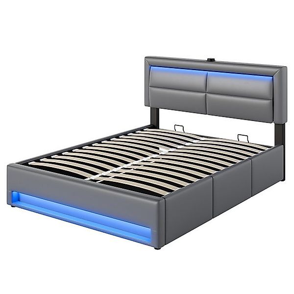 Rutaqian Stauraumbett Polsterbett Doppelbett mit LED und 3 Schubladen, USB- günstig online kaufen