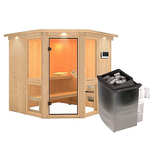 Karibu Sauna Anina 2 Zoll mit Kranz und Ofen 9 kW Integriert Naturbelassen günstig online kaufen
