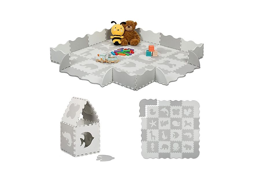 relaxdays Spielmatte Puzzlematte mit Rand Tiermotive, Weiß-Grau günstig online kaufen