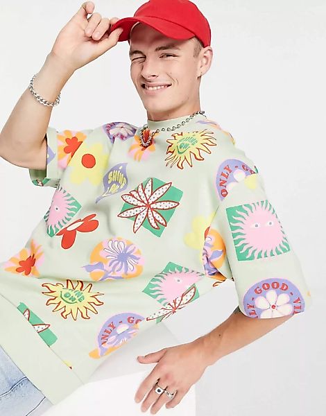 ASOS DESIGN – Kurzärmliges Oversize-Sweatshirt in Grün mit All-over-Prints, günstig online kaufen