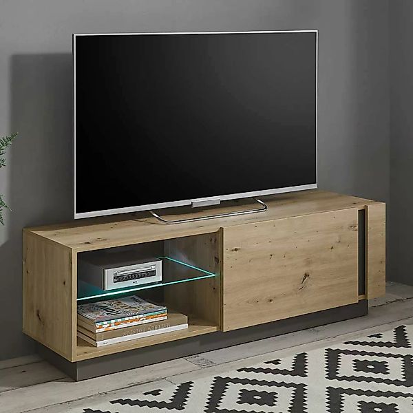 Modernes TV Board in Wildeiche Optik und Dunkelgrau Klappe und Gerätefach günstig online kaufen