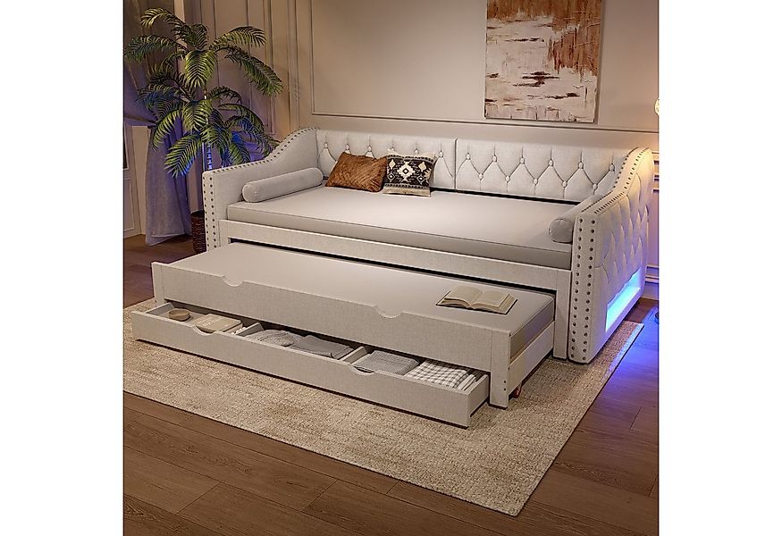 Flieks Daybett, Polsterbett 90x200cm mit LED, Ausziehbett 90x190cm und 3 Sc günstig online kaufen