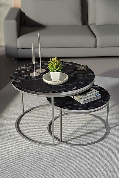 en.casa Couchtisch (2-St), 2er-Set, rund, Marmoroptik Schwarz 89321755 günstig online kaufen