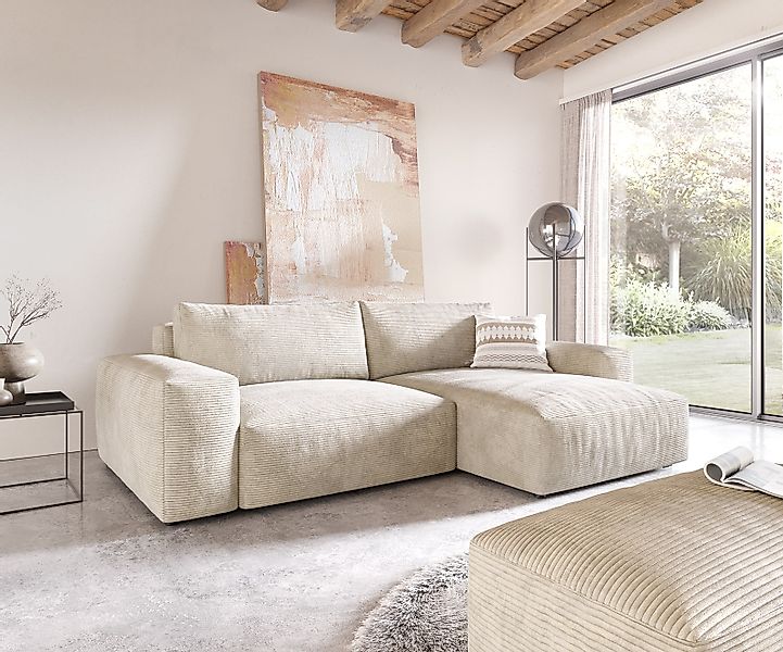 Ecksofa Lanzo XL 270x180 cm Cord Beige Recamiere variabel mit Hocker günstig online kaufen