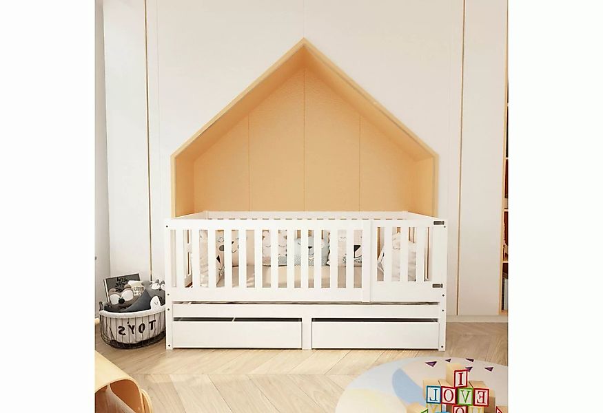 FUROKOY Kinderbett Weiß Mehrzweckbettrahmen 90x200cm mit eingezäunt, (kann günstig online kaufen