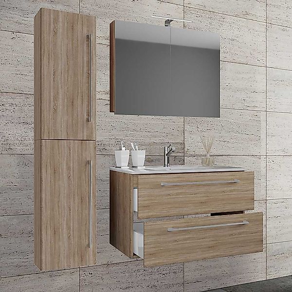 Badmöbelset Wandmontage modern in Sonoma-Eiche 46 cm tief (dreiteilig) günstig online kaufen