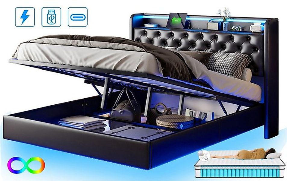 FUROKOY Polsterbett Doppelbett Stauraumbett mit Hydraulisch anhebbarer Kuns günstig online kaufen