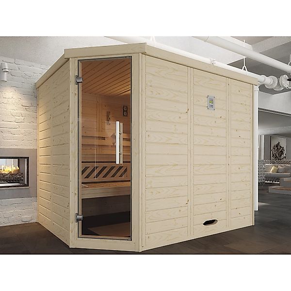 Weka Massivholzelementsauna Kemi Eck 2 Sparset 7,5 kW BioS Glastür günstig online kaufen