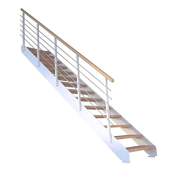 Treppe Kos 12 Stufen Eiche Rustik Geölt 85 cm Metallgeländer Weiß FSC® günstig online kaufen