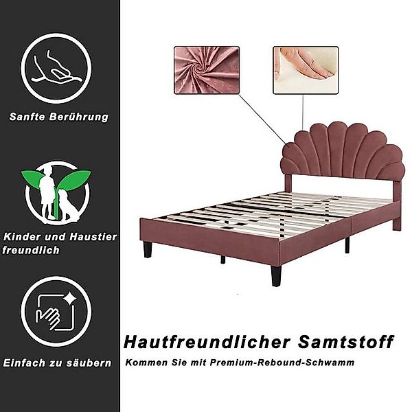 Ulife Polsterbett Rot Doppelbett blumenförmigem Kopfteil Samt 140x200cm, Ju günstig online kaufen