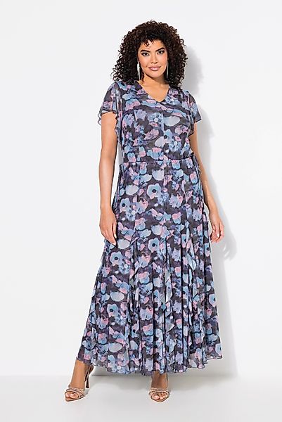 Ulla Popken Maxikleid Mesh-Abendkleid Blüten V-Ausschnitt günstig online kaufen