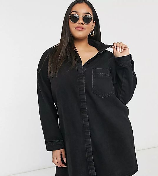 ASOS DESIGN Curve – Hemdkleid aus Denim in verwaschenem Schwarz günstig online kaufen