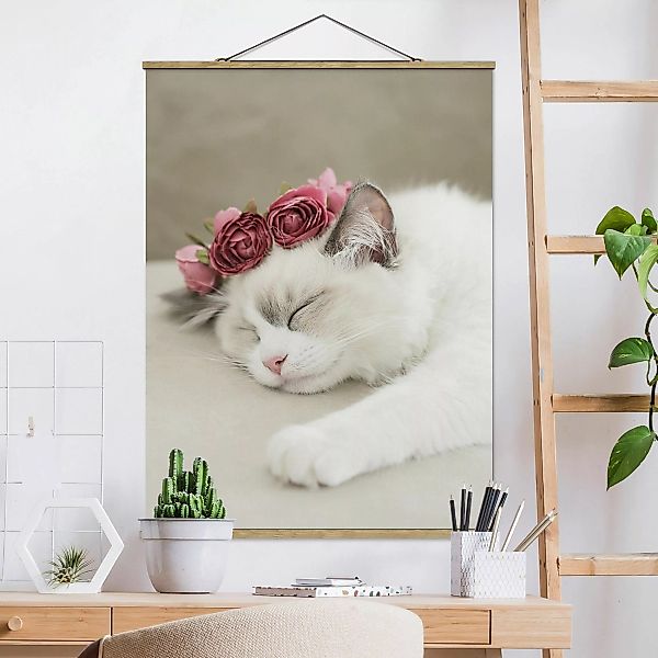 Stoffbild mit Posterleisten Schlafende Katze mit Rosen günstig online kaufen