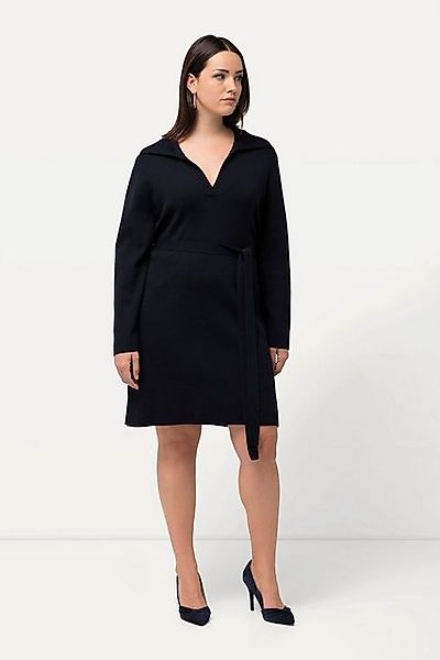 Ulla Popken Jerseykleid Strickkleid Gürtel Hemdkragen V-Ausschnitt Langarm günstig online kaufen