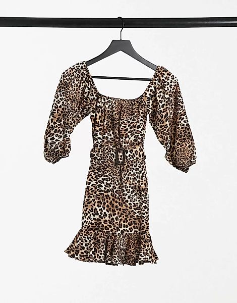 I Saw It First – Bardot-Minikleid mit Rüschen und Gürtel in Leopardenmuster günstig online kaufen
