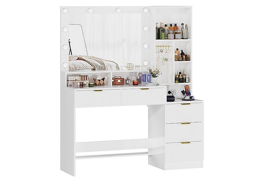 Furnicopia Schminktisch Einstellbare LED-Beleuchtung Fünf Schubladen und si günstig online kaufen