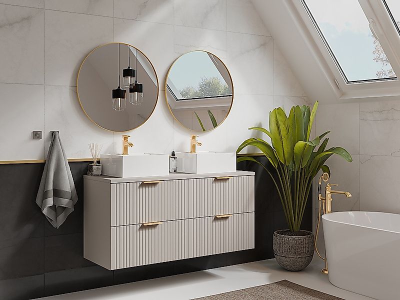 Waschbeckenunterschrank hängend mit Doppelaufsatzwaschbecken quadratisch - günstig online kaufen