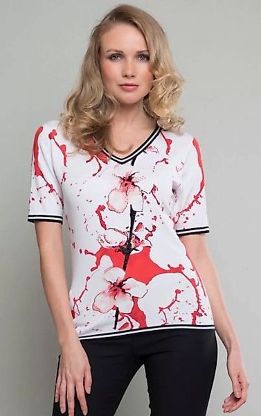 Passioni V-Shirt mit Schwarzem Kontrast und Roten Abstrakten Blumen günstig online kaufen