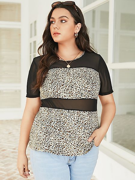 YOINS Plus Größe Leopard Mesh Patchwork Kurzarm T-Shirt günstig online kaufen