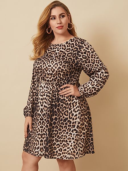 Plus Size Rundhalsausschnitt Leopard Gummiband Lange Ärmel Mini Kleid günstig online kaufen