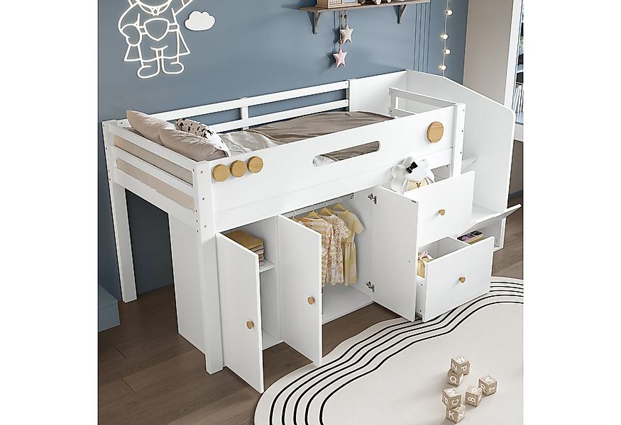 Flieks Hochbett Kinderbett 90x200cm mit Kleiderschrank, Schubladen und Stau günstig online kaufen