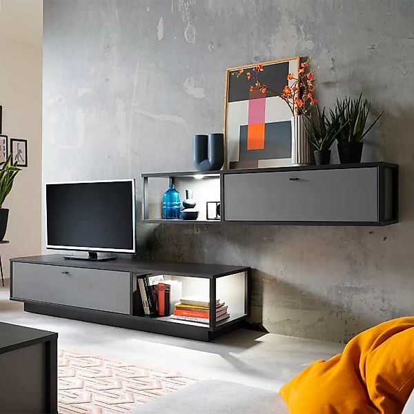 Graue TV Wohnwand in modernem Design 50 cm tief (zweiteilig) günstig online kaufen