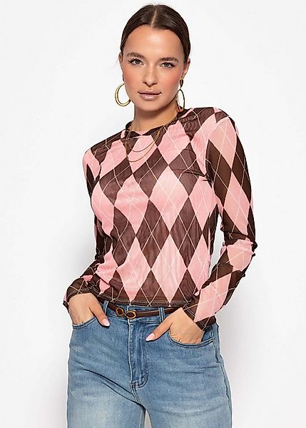 SASSYCLASSY Langarmshirt Mesh Langarmshirt mit Rautenmuster für Damen Anlie günstig online kaufen