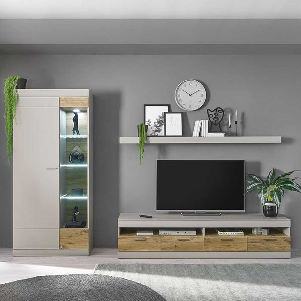 Schrankwand Wohnzimmer in Hellgrau Zinneichefarben (dreiteilig) günstig online kaufen