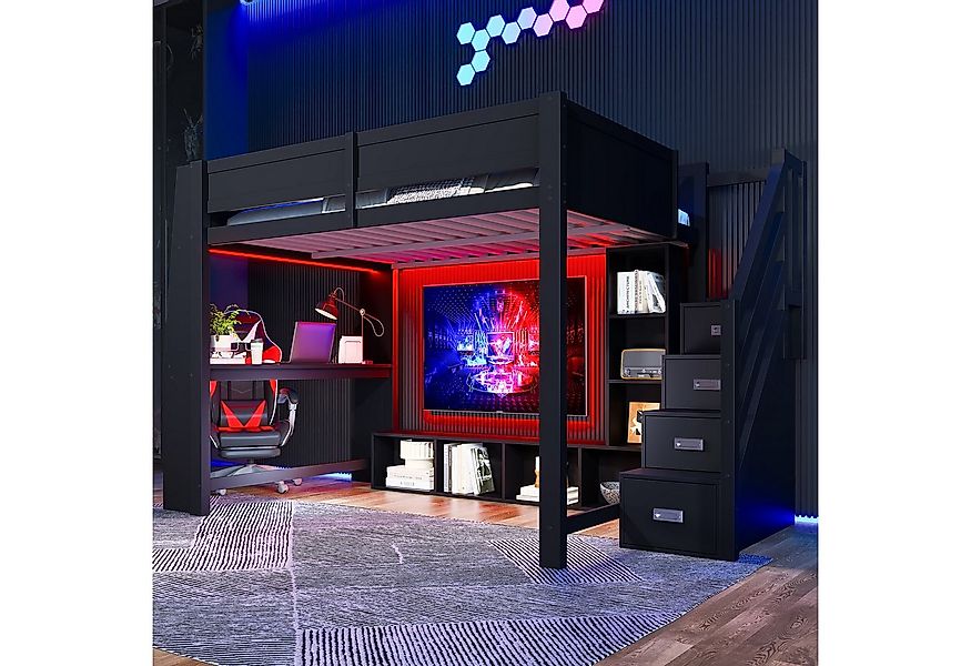 Merax Hochbett mit LED-Beleuchtung (Treppe mit Stauraum, 1-St., Loftbett Ju günstig online kaufen