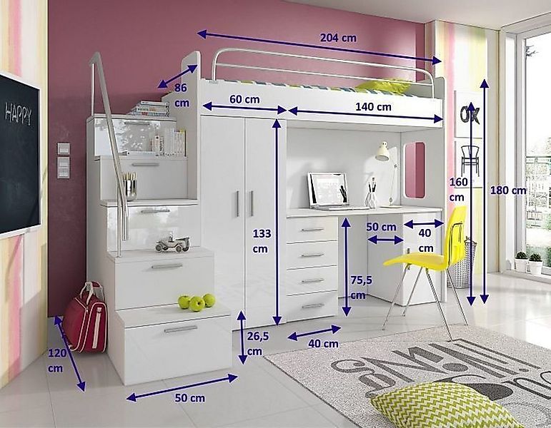 Lukas Möbel Hochbett Hochbett Alice Hochglanz mit Farbauswahl Hochglanz-Fro günstig online kaufen