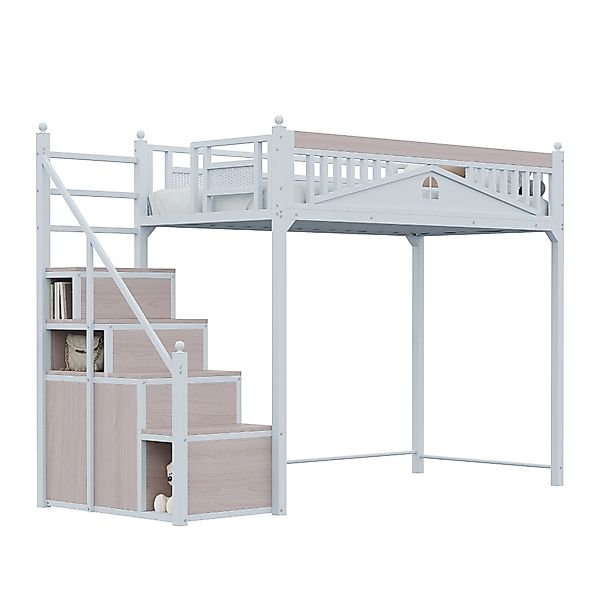 OKWISH Hochbett Einzelbett,Jugendbett,Hochbett (Metall-Hochbett mit Staurau günstig online kaufen