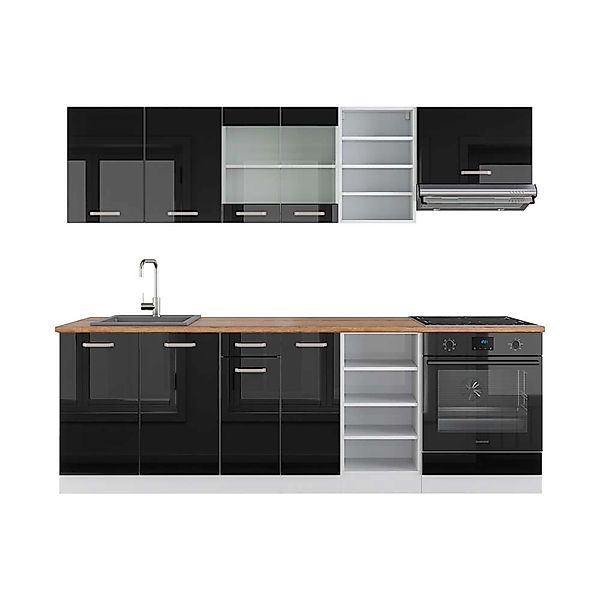 Vicco R-Line Küchenzeile Schwarz Hochglanz/Weiß 240 cm AP Eiche günstig online kaufen