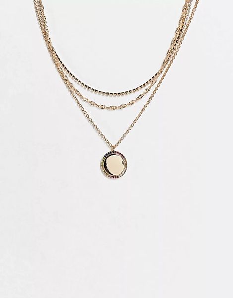 Topshop – Mehrreihige Halskette in Gold mit Pavé-Anhänger in Regenbogenfarb günstig online kaufen