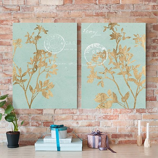 2-teiliges Leinwandbild Spruch - Hochformat Goldene Blätter auf Turquoise S günstig online kaufen