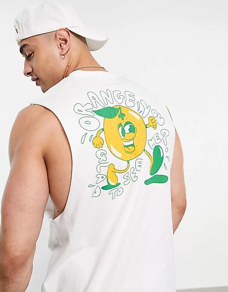 ASOS DESIGN – Lockeres Trägershirt aus Bio-Baumwolle in Weiß mit aufgedruck günstig online kaufen