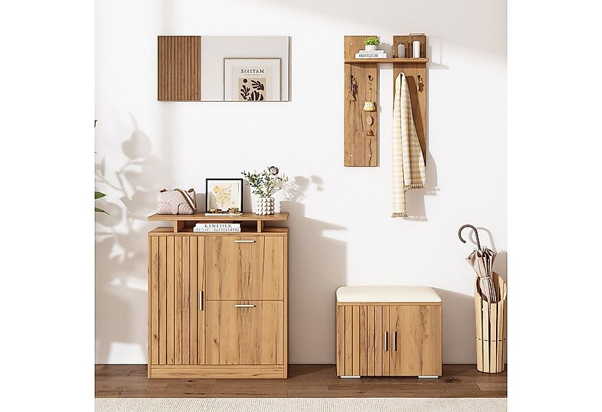 Flieks Garderoben-Set Garderobe mit 1 Spiegel, 4 Haken, Schuschrank, Sitzba günstig online kaufen