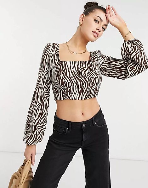 Glamorous – Bluse im braunen Tigermuster mit eckigem Ausschnitt und Puffärm günstig online kaufen