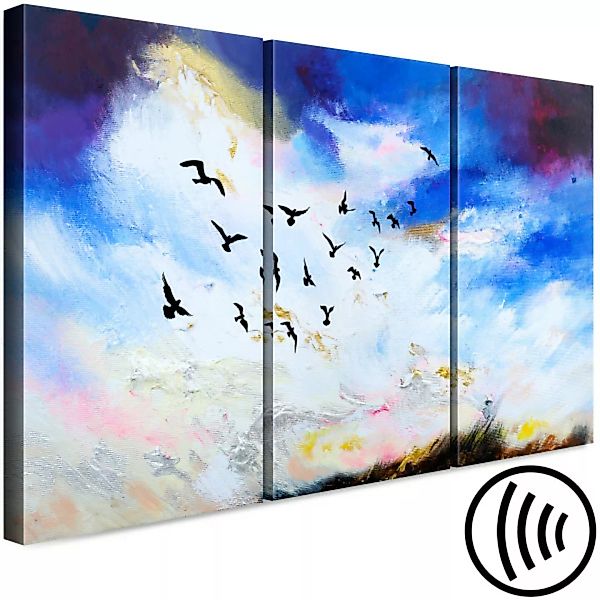 Wandbild Vogelflug - Triptychon mit Himmellandschaft, Vögel und Sonnenstrah günstig online kaufen