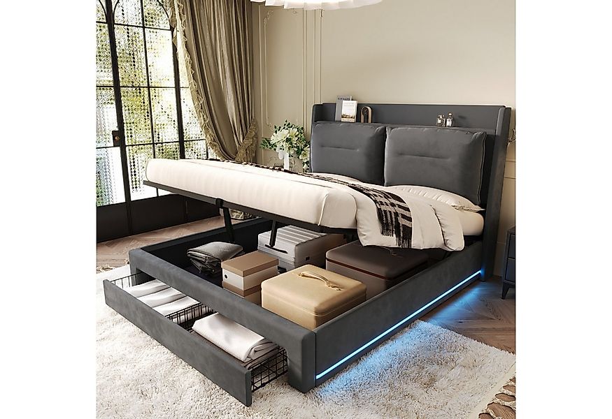 HAUSS SPOLE Polsterbett 140X200, hydraulisches mit Schubladen, LED-Lichtlei günstig online kaufen