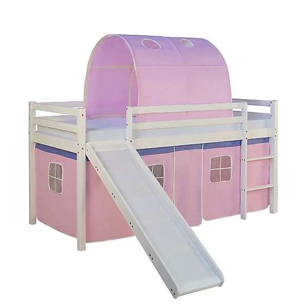 Homestyle4u Hochbett 90x200 mit Vorhang Lattenrost Rutsche und Tunnel in We günstig online kaufen