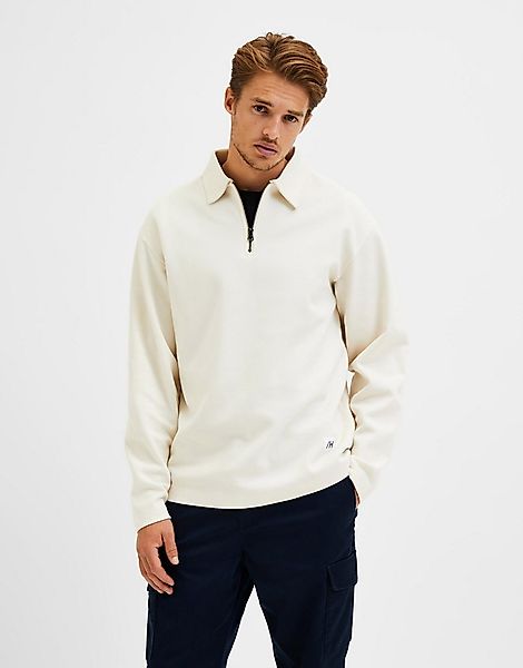 Selected Homme – Sweatshirt aus Bio-Baumwolle in Creme mit kurzem Reißversc günstig online kaufen