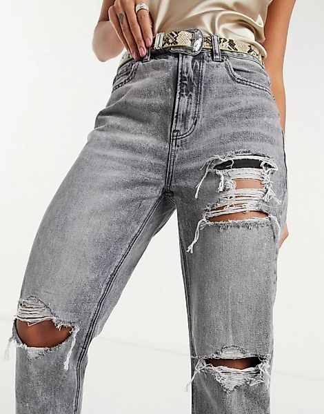 American Eagle – Mom-Jeans mit Zierrissen an den Knien in verwaschenem Schw günstig online kaufen