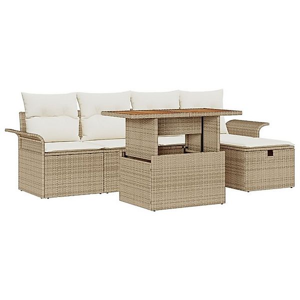 vidaXL Loungesofa 6-teiliges Garten-Sofa-Set mit Kissen Beige Poly Rattan, günstig online kaufen