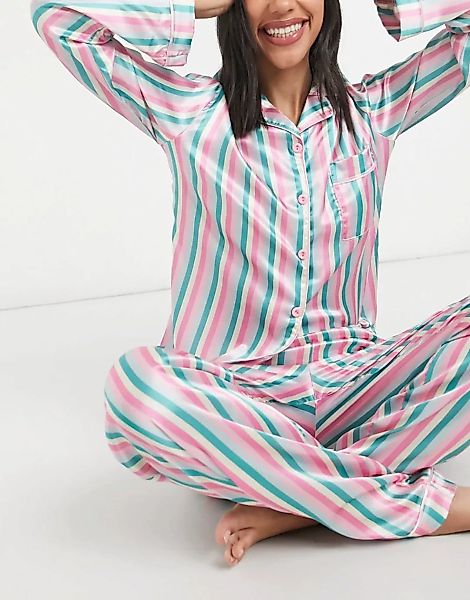 Night – Pyjama-Set aus Satinhemd und -hose mit Streifen in Candy-Farben-Meh günstig online kaufen