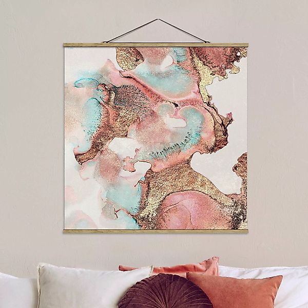 Stoffbild Abstrakt mit Posterleisten - Quadrat Goldenes Aquarell Rosé günstig online kaufen