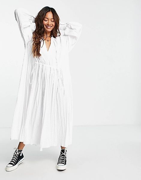 ASOS DESIGN – Strukturiertes Midi-Hängerkleid in Weiß mit Kordelzug-Detail günstig online kaufen