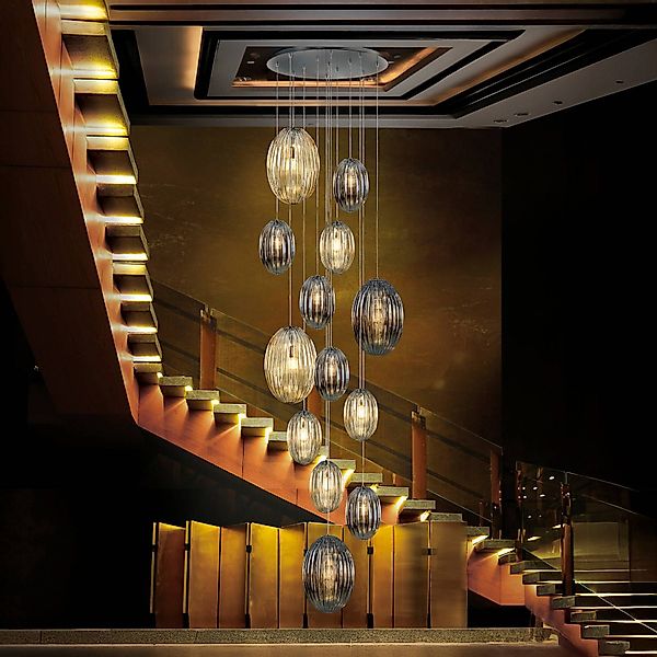 Hängeleuchte Ovila, 13-flammig, rauchgrau/cognac, Glas, E27 günstig online kaufen